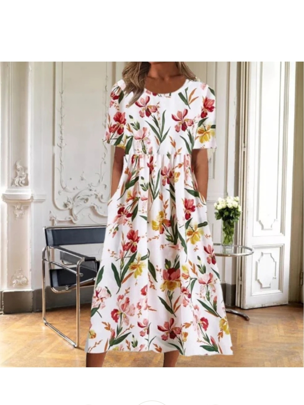 White Floral Maxi Dress with Pink and Yellow Blooms